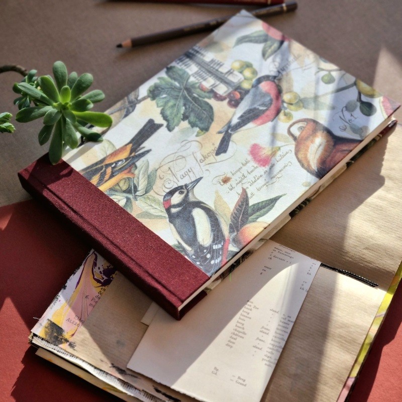 Carnet mix media oiseaux et fruits grand format paysage