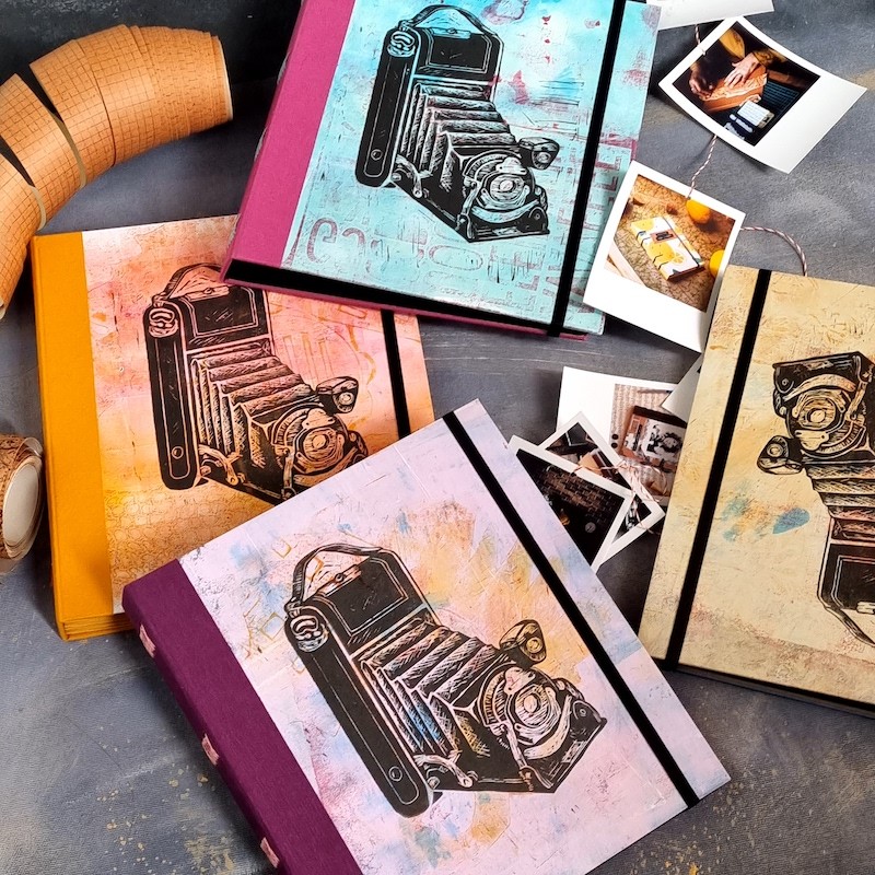 Album photo carré artisanal linogravure vintage