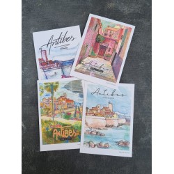 4 cartes postales artistiques d'Antibes avec des reproductions de dessins faits main par Valeria Duarte