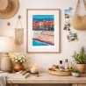 Nice illustrée, Affiche A4, Plage des Ponchettes, reproduction de dessin fait main sur papier recyclé, promenade des Anglais