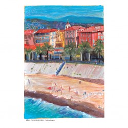 Nice illustrée, Affiche A4, Plage des Ponchettes, reproduction de dessin fait main sur papier recyclé, promenade des Anglais